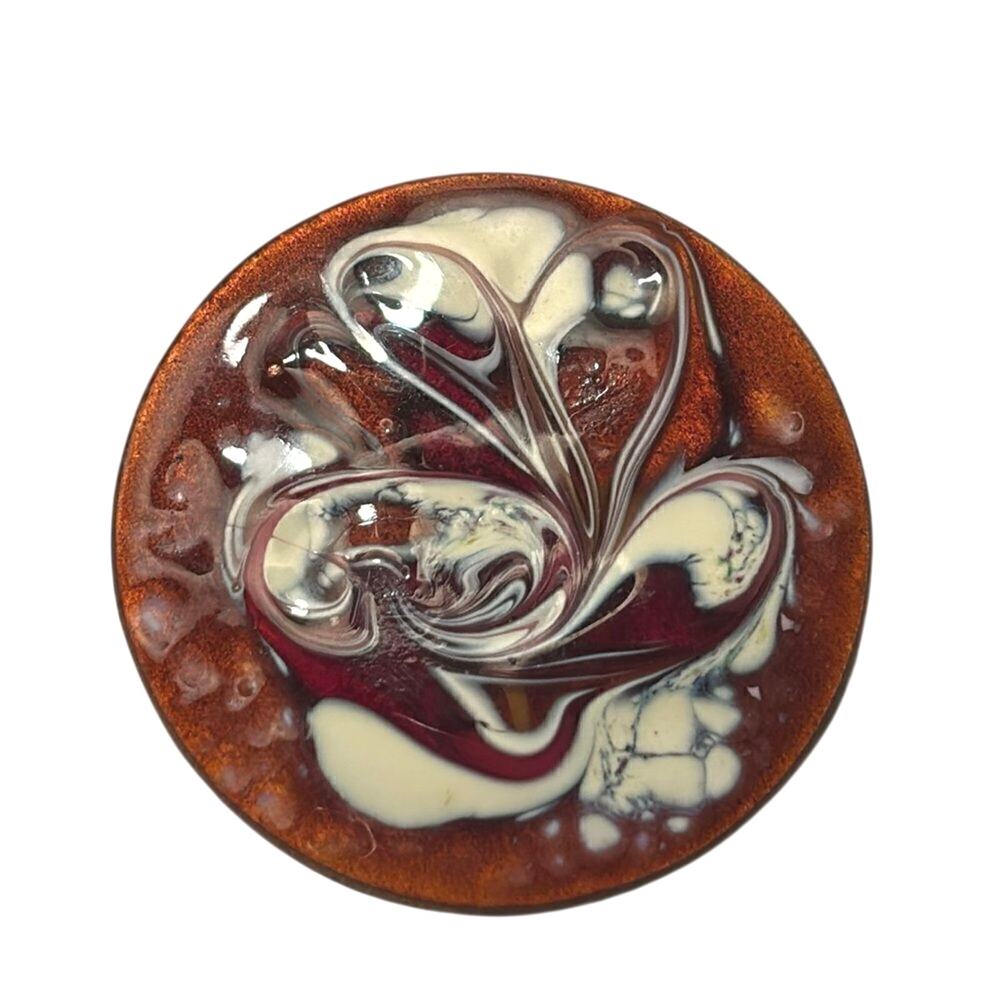 Abstract Enamel Art Brooch Pin Brown Cream Marbled Swirl Round Statement Pin